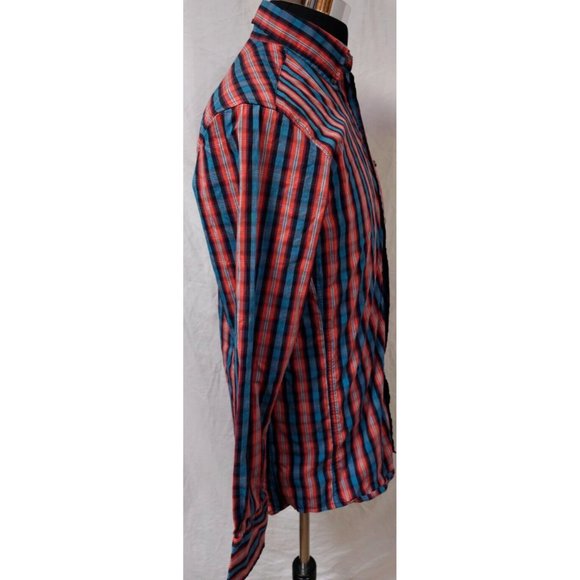 Wrangler Performance Mens Medium Red blue Stripe Long Sleeve Button Logo Shirt - Picture 6 of 11
